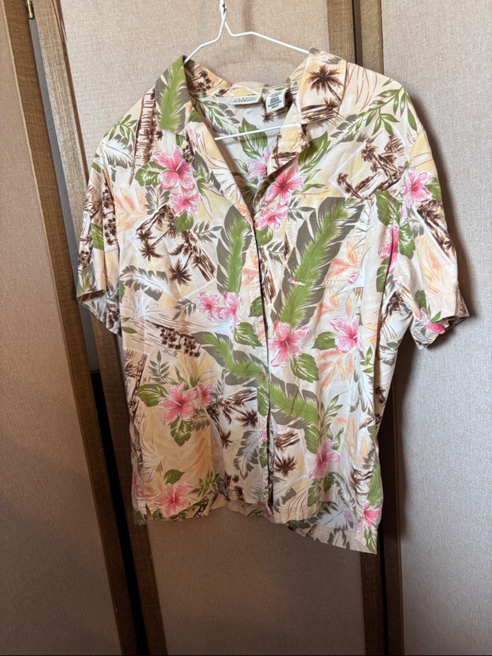 Classic Elements Beige Tropical Floral Short-Sleeve Button-Up Shirt Large
